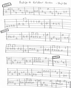 sheet music with notes and notations for the guitar tabula, written in black ink