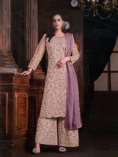 Cream Heavy Embroidered Net Designer Palazzo Salwar Kameez Suit Pakistani