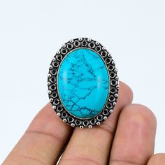 Turquoise Ring, Natural Oval Shape Howlite Turquoise Ring, Handmade Turquoise Gemstone Ring, Gemstone Silver Ring, Boho Bezel Ring for Women -----------------------ITEM DESCRIPTION----------------------- Model No: - NJ-19 Gemstone Name: Howlite Turquoise Shape: Oval Gemstone Size: 27x20mm Approx  Ring Dimension: 36x29mm Approx  Plating: Silver Oxidized  Quality: AAA+ HIGH QUALITY Note: Item's photo is closely captured to the item so please check dimensions before placing the order. ------------- Oxidized Ring, Bezel Ring, Turquoise Howlite, Boho Ring, Ring Gemstone, Ring Vintage, Turquoise Gemstone, Boho Rings, Turquoise Stone