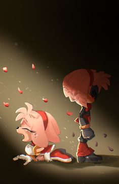 two cartoon characters standing next to each other on a dark background with petals falling off the ground