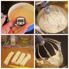 there are four pictures showing how to make cheesecakes and then using an electric hand mixer