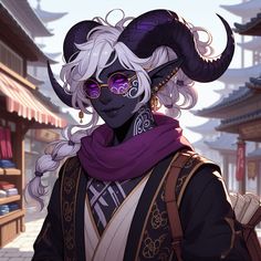 an anime character with long white hair and purple eyeliners, wearing a horned headdress