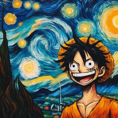 a painting of a man smiling in front of a starry night