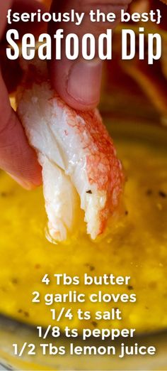 someone is dipping something into a bowl with mustard and other ingredients in it to make the best seafood dip