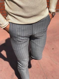 Slim-fit Striped Pants Grey-baagr.myshopify.com-Pants-BOJONI Color Clothes, Grey Outfit, Mens Chinos, Grey Pants, Slim Fit Pants, Formal Outfit, Striped Pants, Color Code, Grey Color