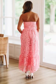 High Quality Embroidery Eyelet Maxi Tube Dress! We love the corset style top and the flare to the skirt! Fit: True to size, model is 5'6 wearing size small Spring Lace Strapless Dress With Fitted Bodice, Spring Strapless Lace Dress With Fitted Bodice, Lace Dress With Boned Bodice For Garden Party, Garden Party Lace Dress With Boned Bodice, Feminine Strapless Dress With Lace Bodice, Summer Strapless Dress With Lace Bodice, Strapless Lace Bridesmaid Dress, Spring Strapless Lace Wedding Dress, Spring Wedding Strapless Lace Dress