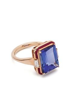 18kt rose gold polished finish enamel detail claw/prong setting baguette cut diamonds totalling 0.35ct tanzanite totalling 6.67ct Tanzanite And Diamond Ring, Tanzanite Engagement Ring, Tanzanite Jewelry, Tanzanite Diamond Ring, Claw Prong, Tanzanite Ring, Blue Tanzanite, Tanzanite Gemstone, Baguette Cut Diamond