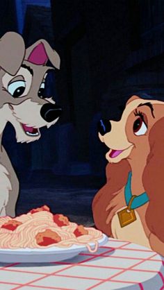 lady and the tramp looking at each other in front of a plate of pizza