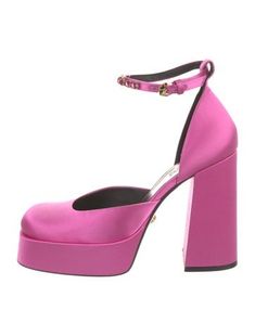 Versace Satin D'Orsay PumpsPinkCrystal TrimSquare-Toes with Crystal EmbellishmentsPlatformWrap-Around Straps & Buckle Closure at AnklesIncludes Box & Dust Bag Crystal Embellishment, Pump Shoes, Versace, Embellishments, Dust Bag, Buckle, Pumps, Satin, Women Shoes