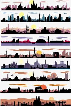 four different city skylines with sunset in the background