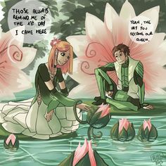 two people sitting on top of lily pads in the water with pink flowers behind them