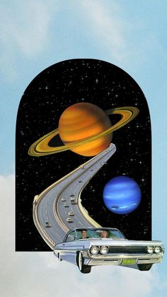 a car driving down a road surrounded by planets