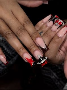 Red And Black Duck Nails, Rockstar Nails Acrylic, Black And Red Nails Acrylic, 19th Birthday Nails