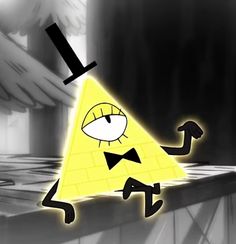 a yellow triangle with an eye and bow tie on it's face is surrounded by hands