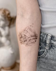 Mother Earth Tattoo, Mountain Tattoos, Planet Tattoo, Earth Tattoo, Cool Nature, Planet Tattoos, Landscape Tattoo, Cat Ideas, Mountain Tattoo