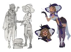 three different types of cartoon characters with hats and clothes, one is dressed as a witch