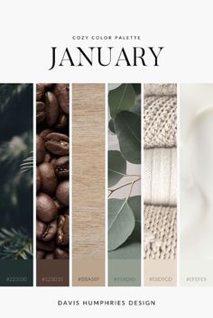 the color palette for january is shown in shades of brown, beige and green with leaves