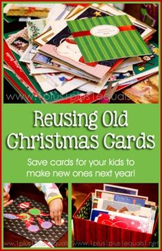 some christmas cards are stacked on top of each other with the words reusing old christmas cards