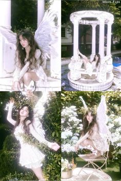 four pictures of a woman in white dress sitting on a bench with angel wings around her