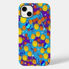 an iphone case with colorful bubbles and circles in blue, yellow, orange and purple