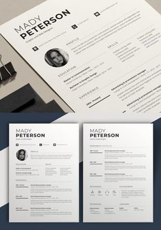 a clean and modern resume template with two pages on the front, one is black and white