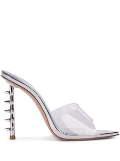 silver-tone leather metallic finish high heel spike stud detailing transparent strap pointed open toe Spike Heels, Loafer Mules, Fine Watches, Summer Beach Wear, Flat Boots, Fine Earrings, Ballet Flat Shoes, Pump Sandals, Lady Dior