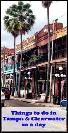 an old town with palm trees in the foreground and cars parked on the street