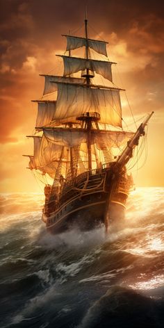 an old sailing ship in the ocean at sunset