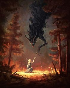 a painting of a woman in the woods with a dragon above her head and fire behind her