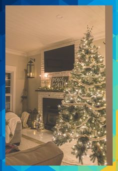 a living room with a lit christmas tree in the corner and a flat screen tv