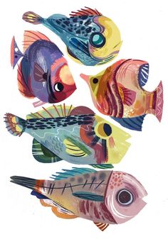 four colorful fish are shown in this watercolor painting by artist susan grisell