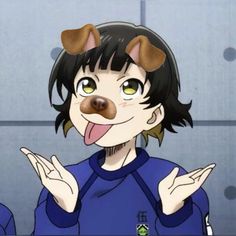 an anime character with black hair and green eyes is making a funny face at the camera