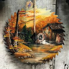 an artistic painting of a house in the woods