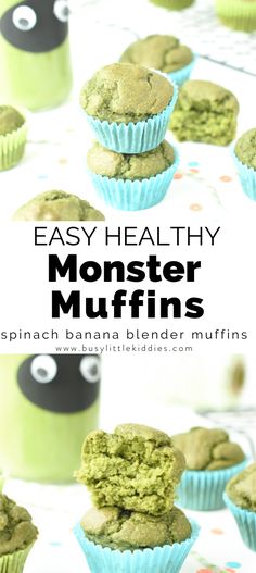 green muffins stacked on top of each other with the words easy healthy monster muffins