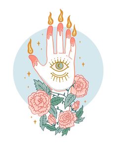 a hand with an eye on it surrounded by flowers