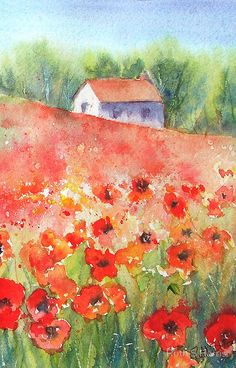 a watercolor painting of a field with red flowers and a house in the background