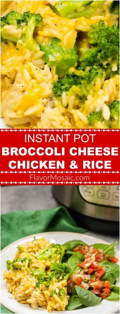 instant pot broccoli cheese chicken and rice on a plate next to an instant pot