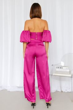 Length: 90cm. Non-lined. Cold hand wash only. Model is a standard S and is wearing size S. True to size. Lightweight, non-stretchy satin fabric. Polyester. Be the sleekiest chick around with the Serena Pant. Featuring a snatched waist with wide-legged pants. Style yours with the matching crop and statement earrings. Snatched Waist, Twist Pattern, Cold Hands, Shoulder Cut, Matching Pants, Pantalon Large, Satin Fabric, Polyester Spandex, Statement Earrings