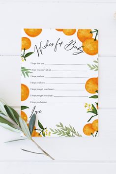 an orange themed watercolor brunch party game with greenery and leaves on it