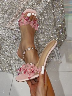 Pink Elegant Collar   Plain  Embellished   Women Shoes Pink Butterfly Quinceanera Theme, Trendy Block Heels, Butterfly Decoration, Elegant Pumps, Shoes Heels Classy, Elegant High Heels, Crystal Heels, Designer High Heels, Rose Bonbon