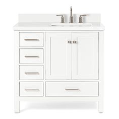 a white bathroom vanity with two sinks and drawers on the counter top, against a white background