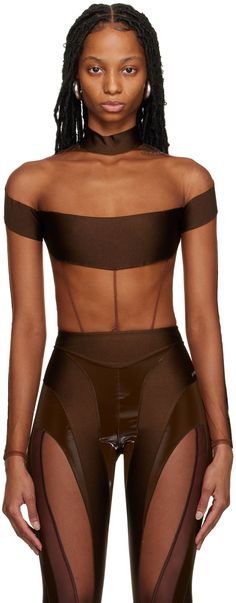 Stretch nylon jersey and tulle bodysuit. · Paneled construction �· Mock neck · Logo plaque at front · Press-stud fastening at bottom · Zip closure at back Supplier color: Chocolat/Sheer Mesh Bodysuit Outfit, Character Design Clothes, Tulle Bodysuit, Tan Bodysuit, Bodysuit Costume, Day Clothes, Character Clothing, Body Suit Outfits, Mesh Bodysuit