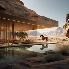 a horse that is standing in front of a house with a pool and mountains behind it