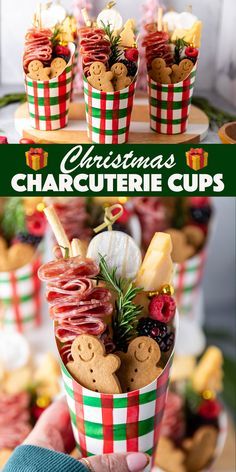 christmas charcuterie cups with pretzels and crackers in them are ready to be eaten