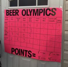 a pink sign that says beer olympics points = 2, 3, 4 and 5