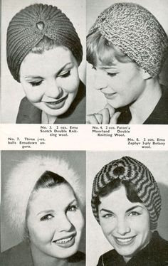 three pictures of women wearing knitted hats with different hair colors and hairstyles