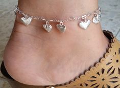 Ankle Silver Bracelet Sterling Silver Bracelet Heart Silver Elegant Handmade Sterling Silver Anklets, Handmade Silver Anklets As A Gift, Elegant Silver Anklets With Heart Charm, Elegant Silver Anklets For Valentine's Day, Silver Adjustable Heart-shaped Anklets, Adjustable Silver Heart Anklets, Handmade Sterling Silver Anklets, Sterling Silver Anklets With Silver Chain As Gift, Sterling Silver Anklet With Silver Chain For Gift