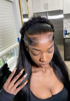 Butterfly Braid Wig Install, Crown Braid Wig Install, 4 Big Braids Hairstyles For Black Women, Fishtail Wig Hairstyles, Cute Straight Wig Hairstyles, Crown Wig Hairstyles, Braid Across Front Of Hair Frontal, Side Part No Baby Hairs, Styles For Straight Wigs