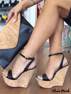 Olivia Mark - Stylish Womens Black Platform Wedge Sandals with Open Toe, Buckle Detail, and Ankle Strap Hak Tinggi, White Wedge Sandals, Platform Wedges Shoes, Black Platform Heels, Ankle Strap Wedges, High Heel Wedges, Super High Heels, Woman Shoes, Black Wedge Sandals