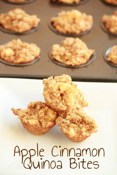 apple cinnamon quinoa bites on a plate with muffins in the background